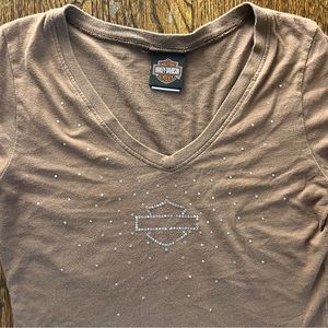 Harley Davidson Shirt Womens L BrownV Neck Top Motorcycle Biker Rhinestone